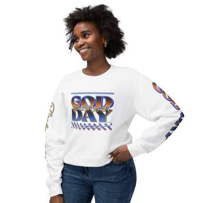 "God Day" Unisex Lightweight Crewneck Sweatshirt w/Sleeve Text