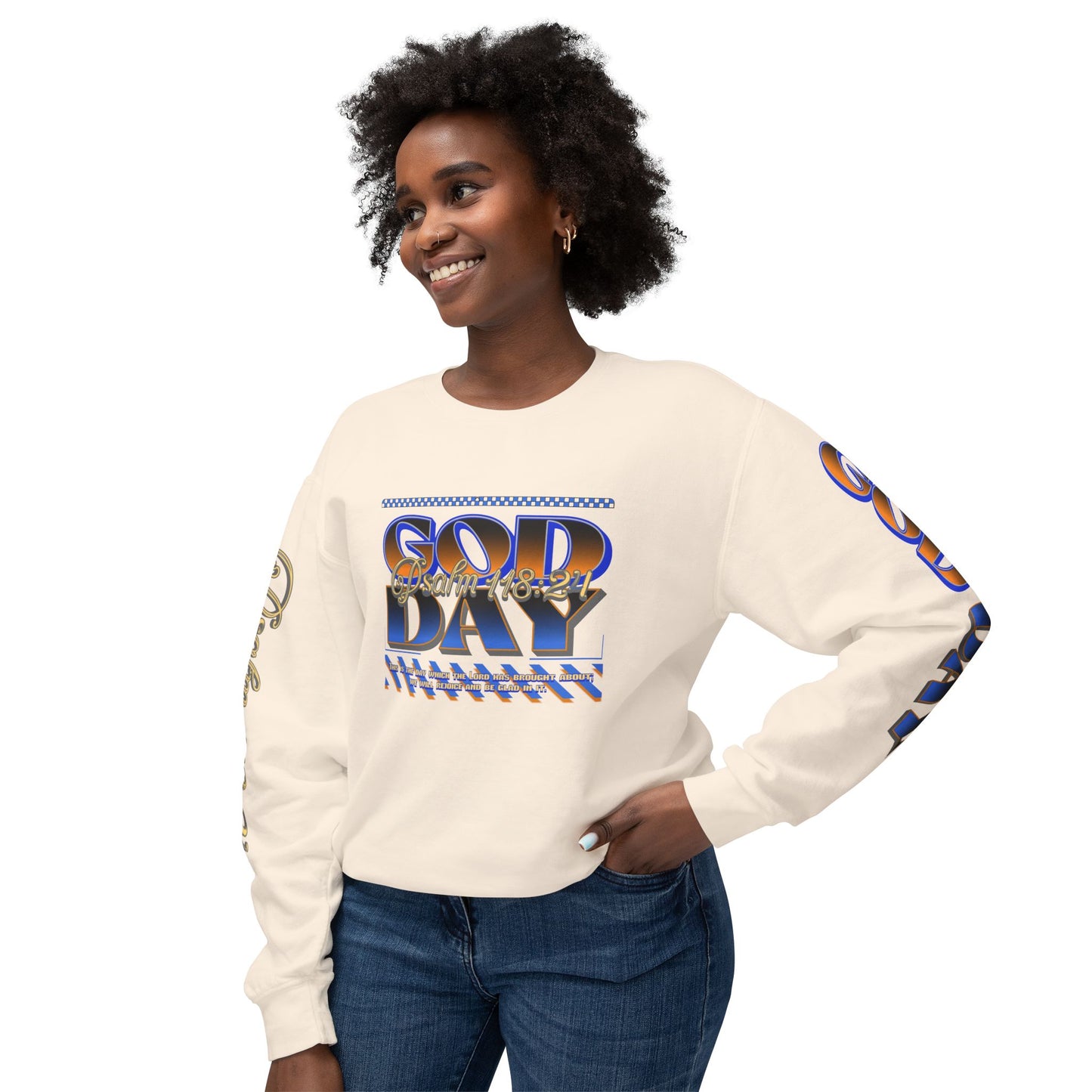 "God Day" Unisex Lightweight Crewneck Sweatshirt w/Sleeve Text