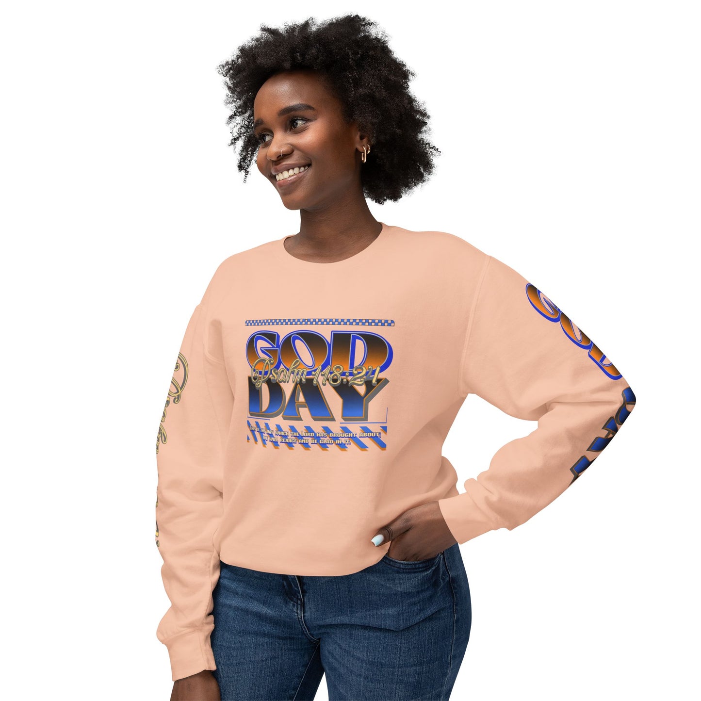 "God Day" Unisex Lightweight Crewneck Sweatshirt w/Sleeve Text