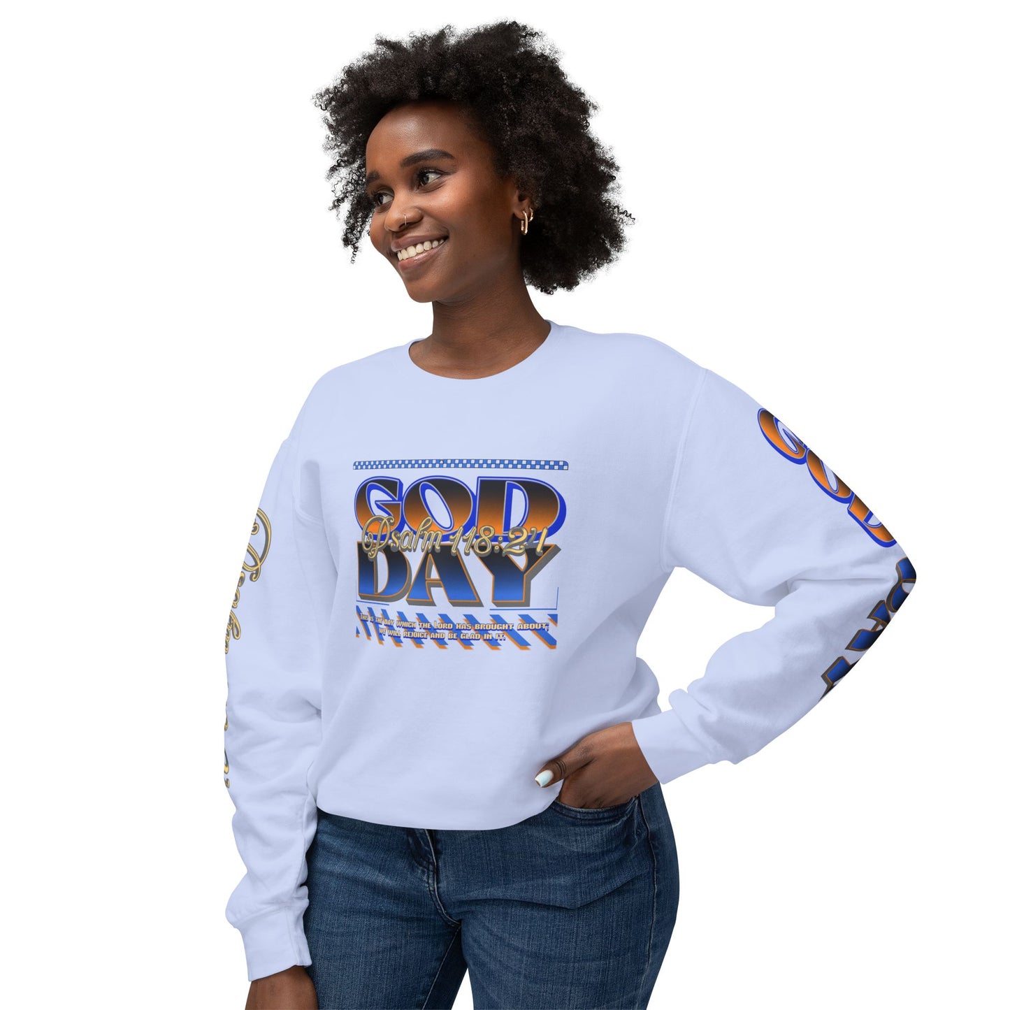 "God Day" Unisex Lightweight Crewneck Sweatshirt w/Sleeve Text