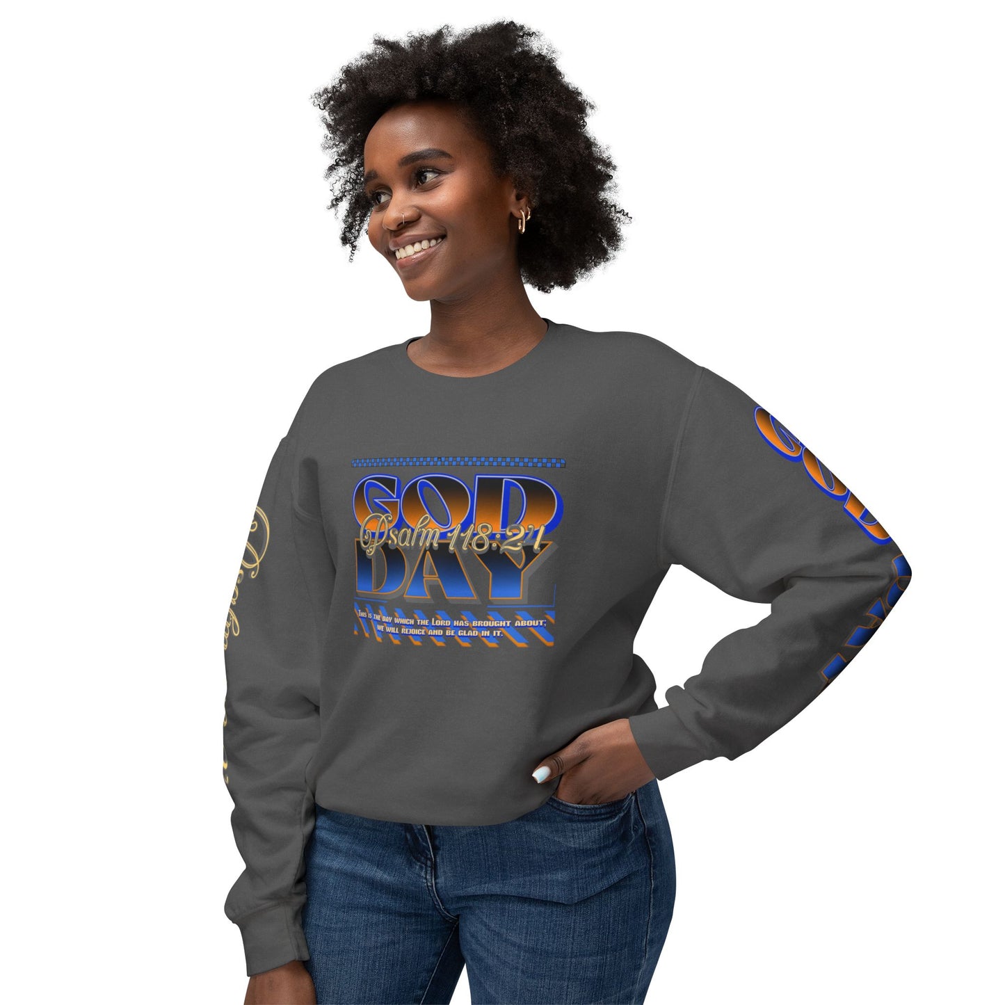 "God Day" Unisex Lightweight Crewneck Sweatshirt w/Sleeve Text